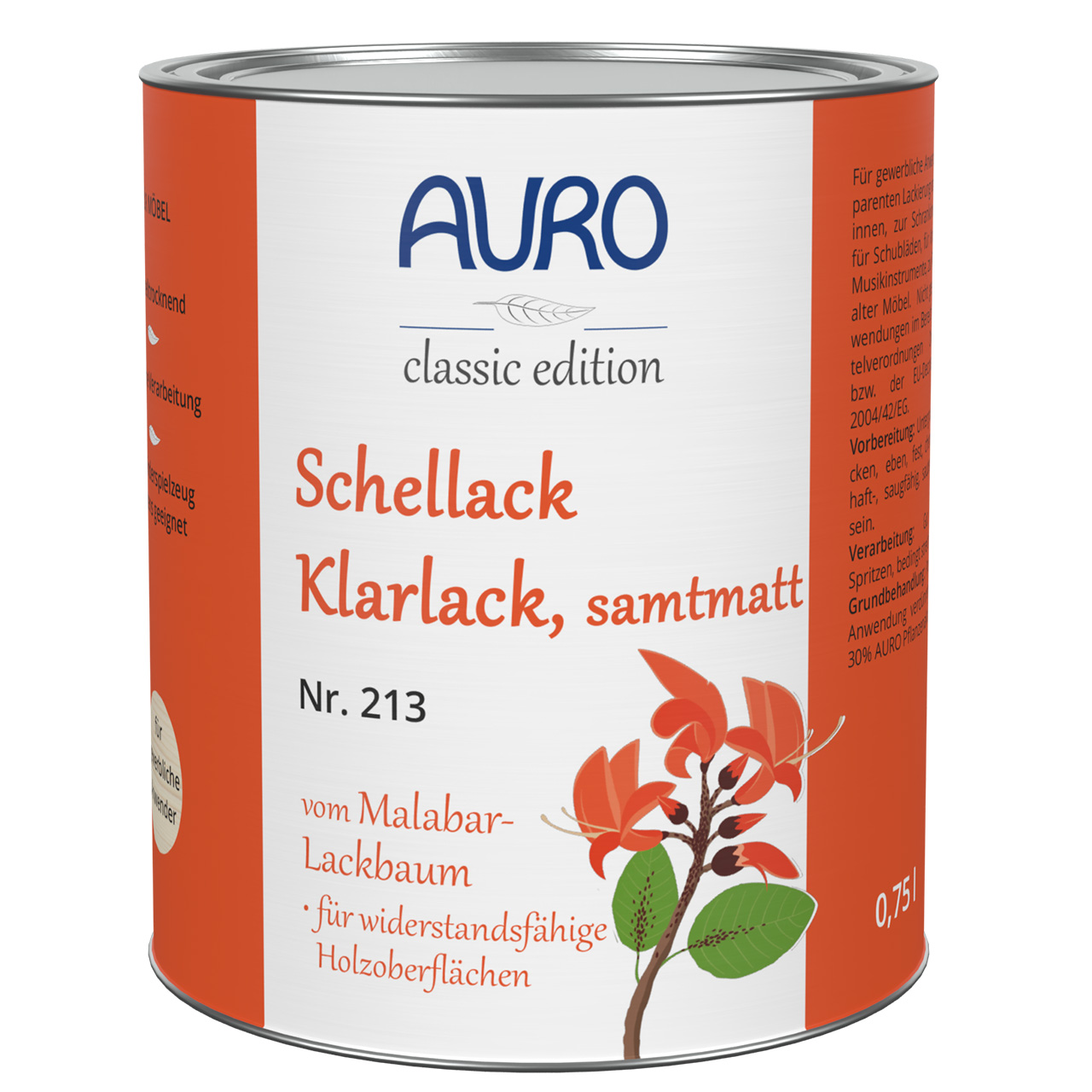 AURO Gomalak Şeffaf Vernik No. 213, kadife mat, 0,75 litre kutu, DIN EN 71 mührü ile, doğal renk