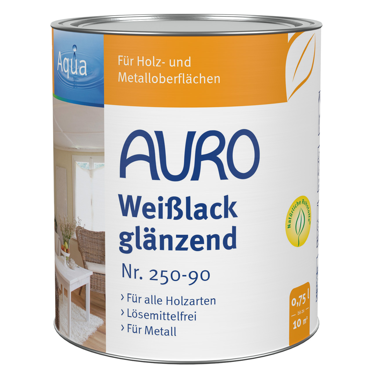 AURO Beyaz Lake parlak Aqua No. 250-90, mühür ve etiketli 0,75 litrelik kutuda.