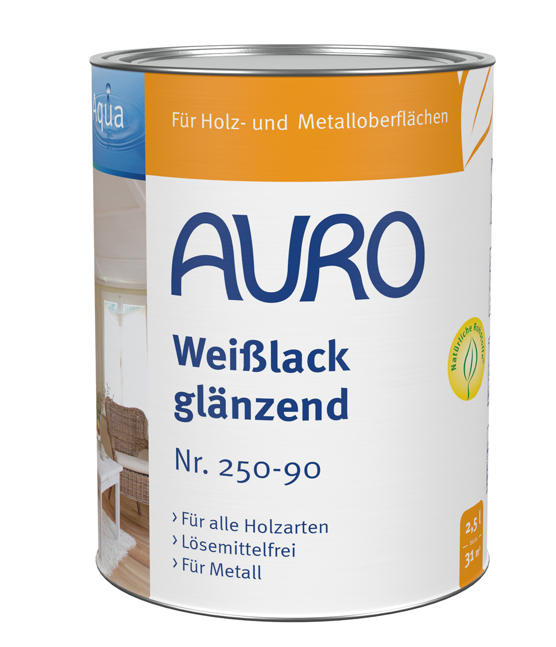 AURO Beyaz Lake parlak Aqua No. 250-90, ürün etiketleri ve mühürleriyle 2,5 litrelik kutuda.