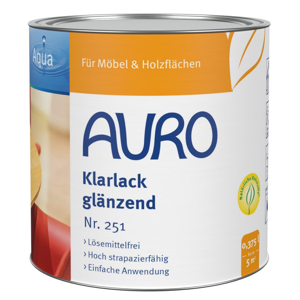 AURO Şeffaf Vernik parlak No. 251, 0,375 litre kutu, doğal renkli etiket, solvent içermez.