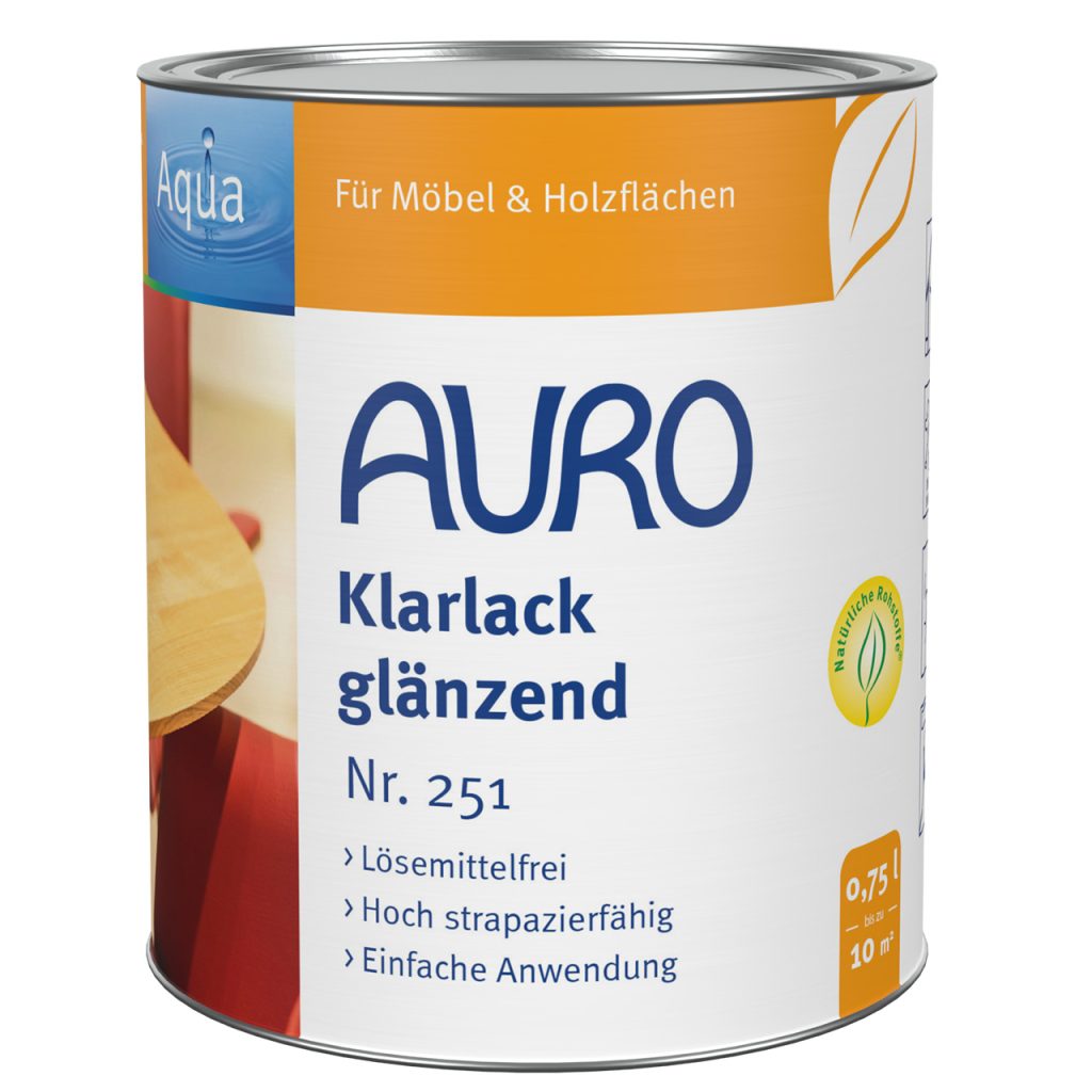AURO Şeffaf Vernik parlak No. 251, 0,75 litre kutu, doğal renkli etiket, solvent içermez.