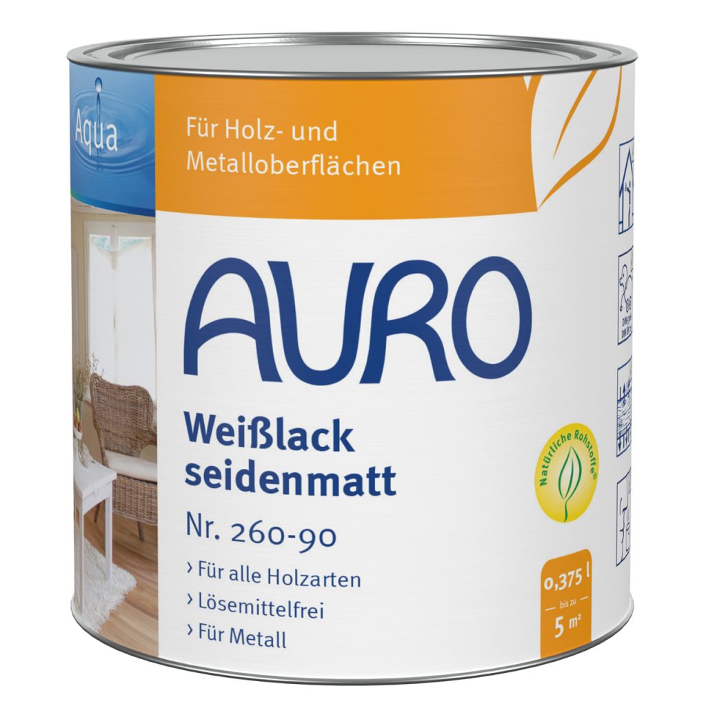 AURO Beyaz Lake ipek mat Aqua No. 260-90, 0,375 litre kutu, ahşap ve metal için
