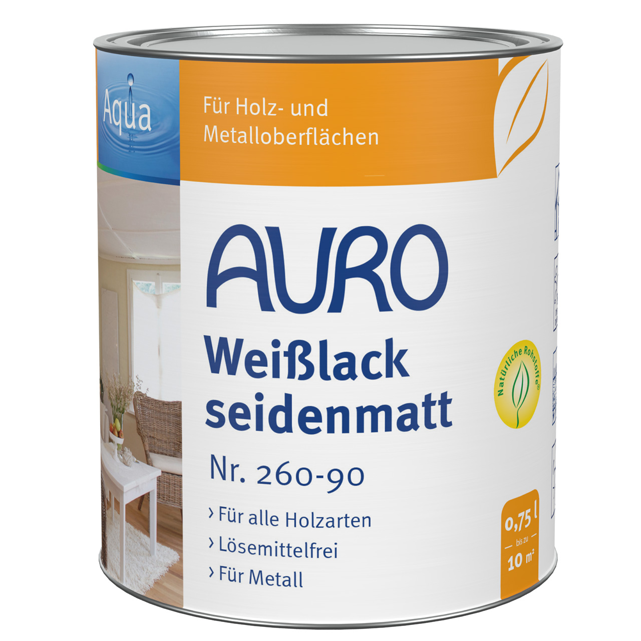 AURO Beyaz Lake ipek mat Aqua No. 260-90, 0,75 litre kutu, iç mekan boyamaları için solvent içermez