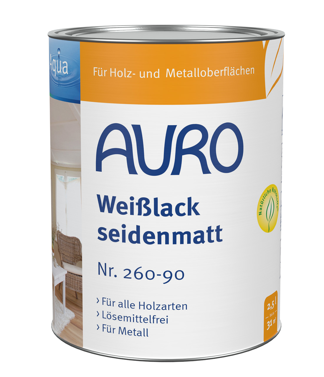 AURO Beyaz Lake ipek mat Aqua No. 260-90, 2,5 litre kutu, ahşap ve metal için Bio mührü ile