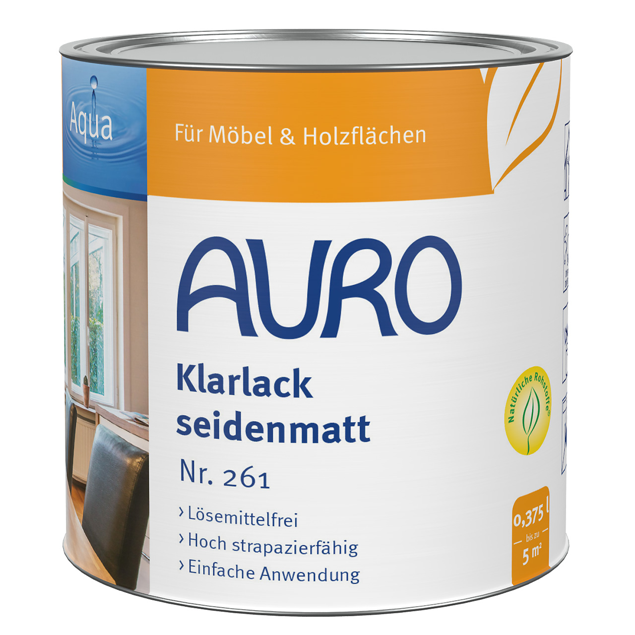 AURO Şeffaf Vernik ipek mat No. 261 – Naturfarben etiketli 0,375 litre kutu.