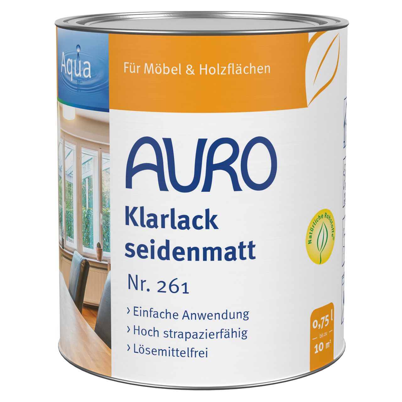 AURO Şeffaf Vernik ipek mat No. 261 – Naturfarben logolu 0,75 litre kutu.