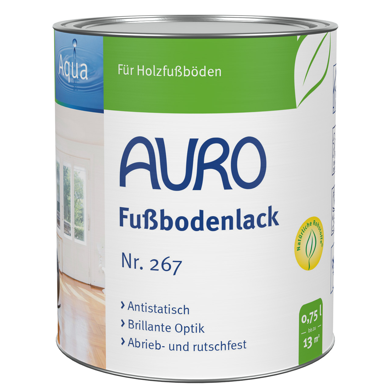 AURO Zemin Lakesi No. 267, 0,75 litre kutu, solvent içermez, ahşap zeminler için şeffaf ahşap lakesi