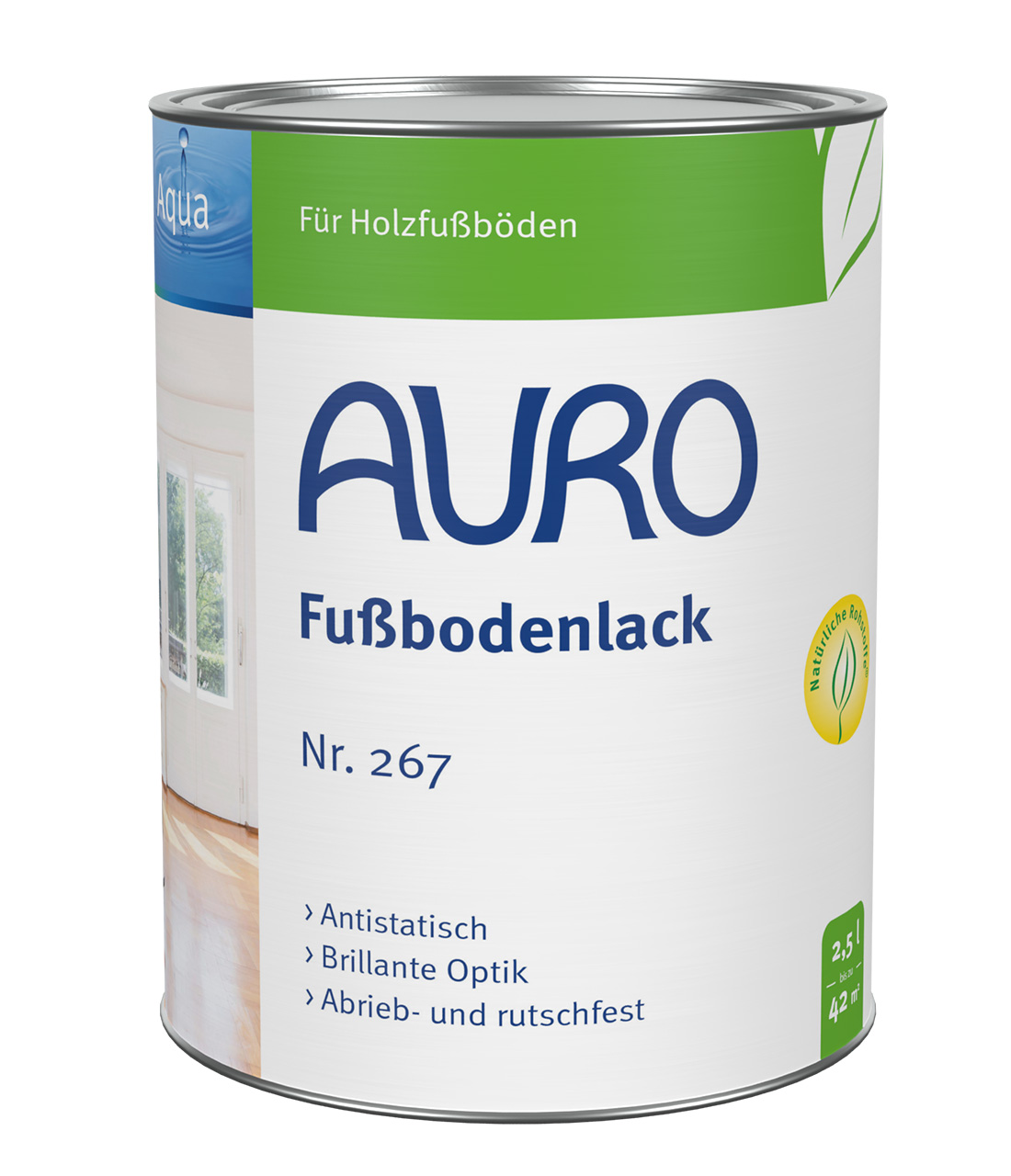 AURO Zemin Lakesi No. 267, 2,5 litre kutu, solvent içermez, ahşap zeminler için şeffaf koruma lakesi