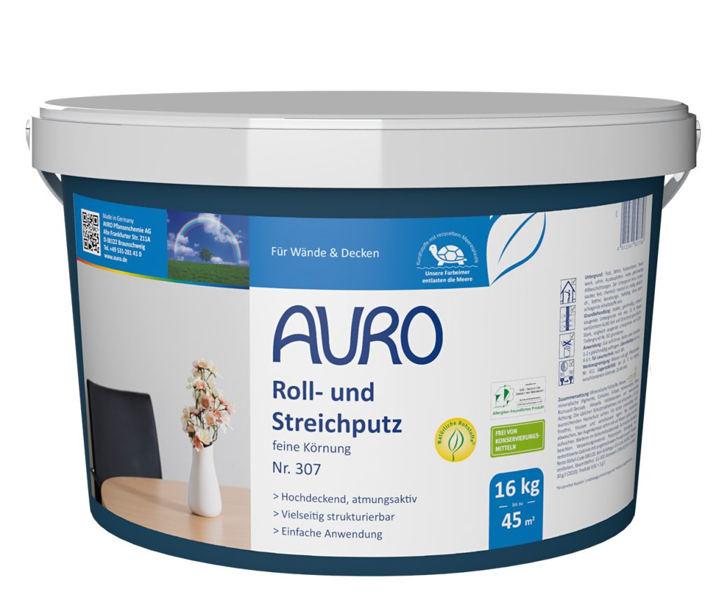AURO Rulo ve Fırça Sıvası No. 307, 16 kg ambalaj, mat beyaz, ince tanecikli, Bio ve emisyon mührü ile