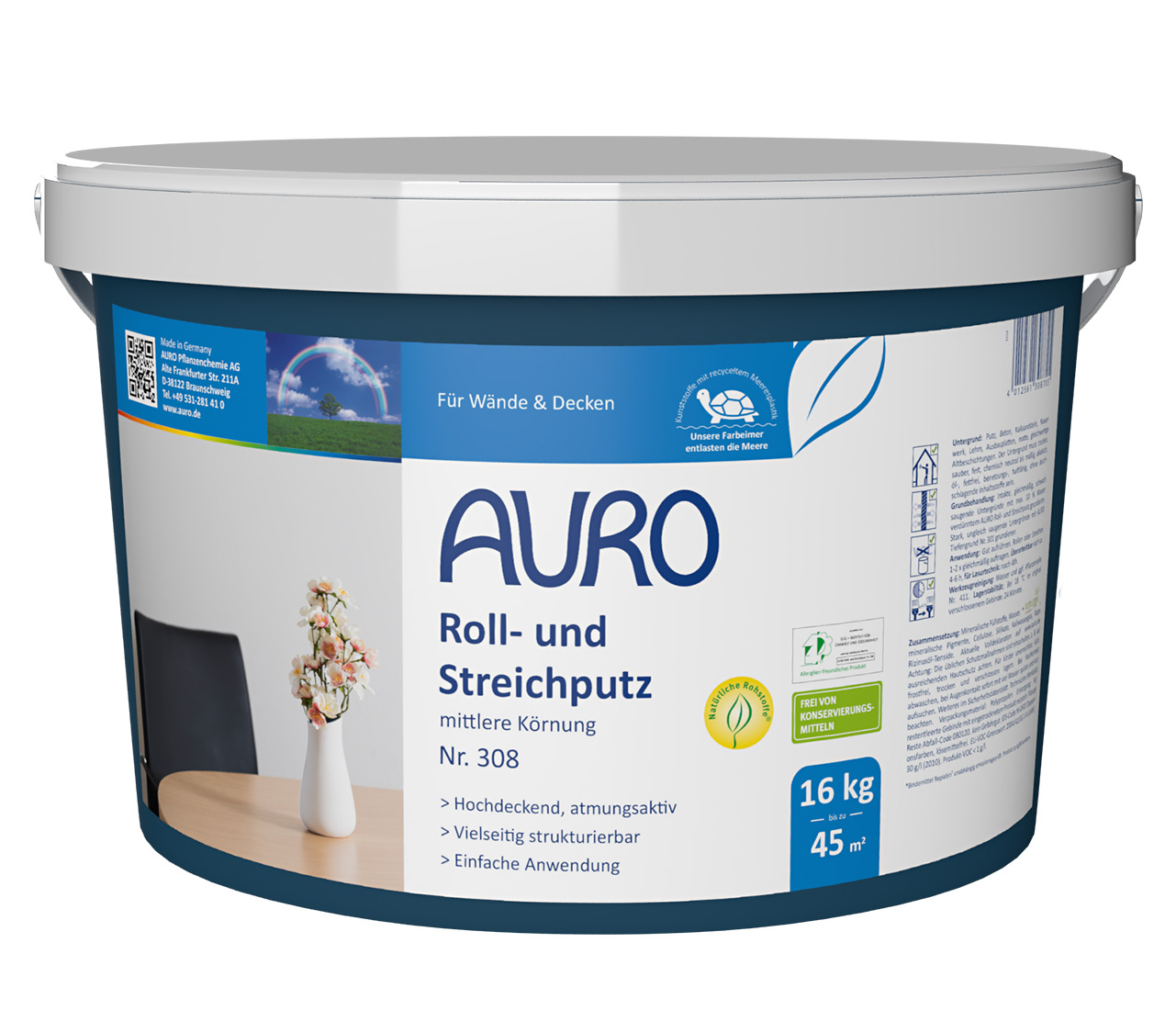 AURO Rulo ve Fırça Sıvası No. 308, 16 kg ambalaj, mat beyaz, orta tanecikli, koruyucu madde içermez.