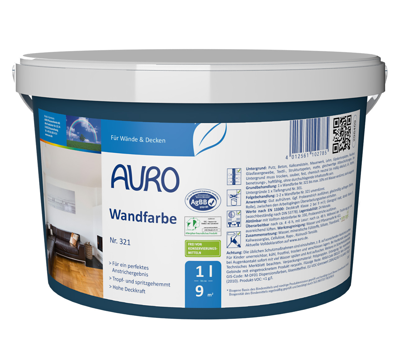 AURO Duvar Boyası No. 321, 1 litre ambalaj, mat-beyaz, görünür REPLEBIN® etiketli