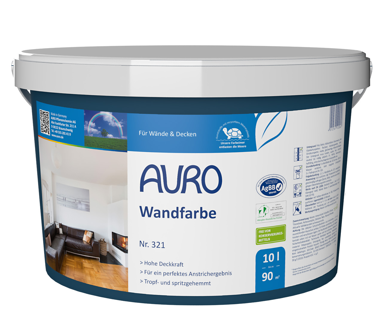 AURO Duvar Boyası No. 321, 10 litre ambalaj, çevre sertifikalı ve biyojenik REPLEBIN® uyarılı