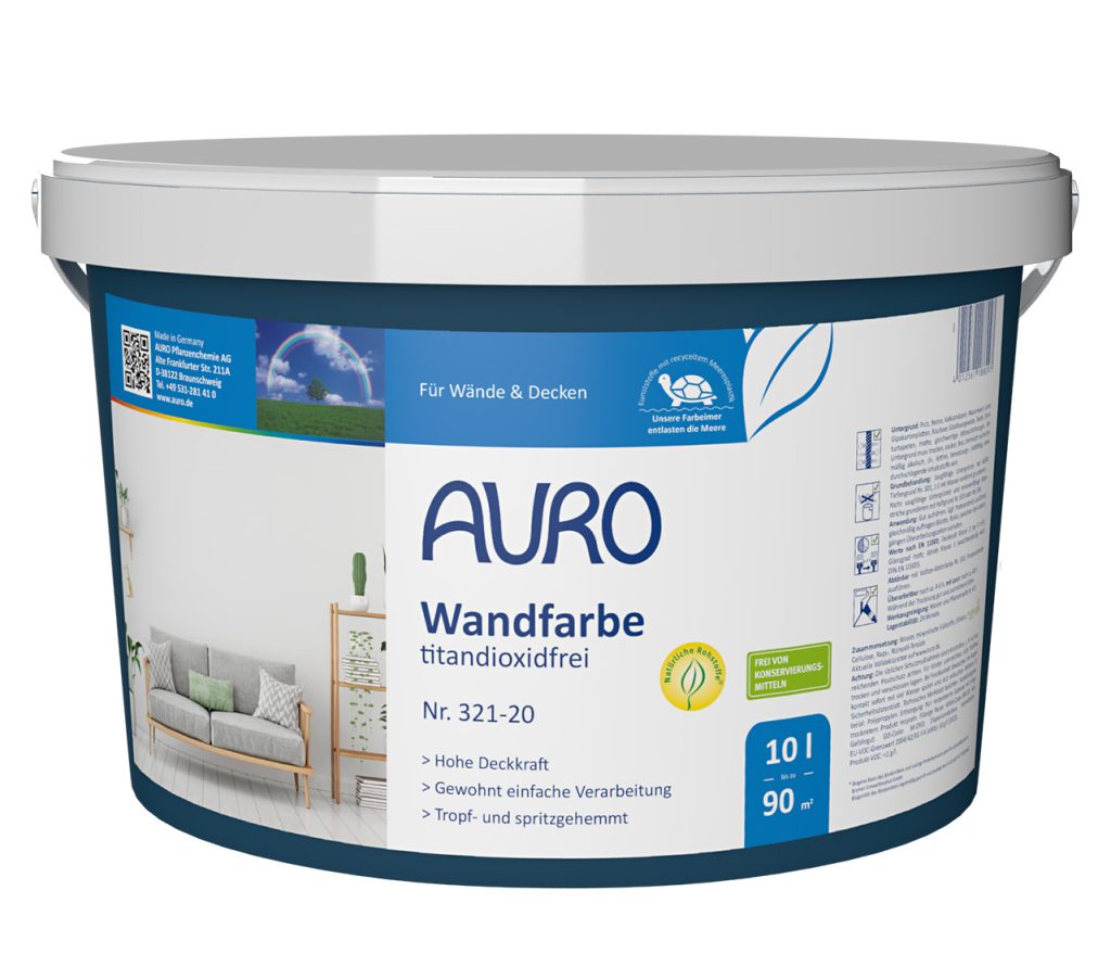 AURO Duvar Boyası titanyum dioksit içermez No. 321-20, 10 litre ambalajda, etiket, logo ve kalite uyarısıyla