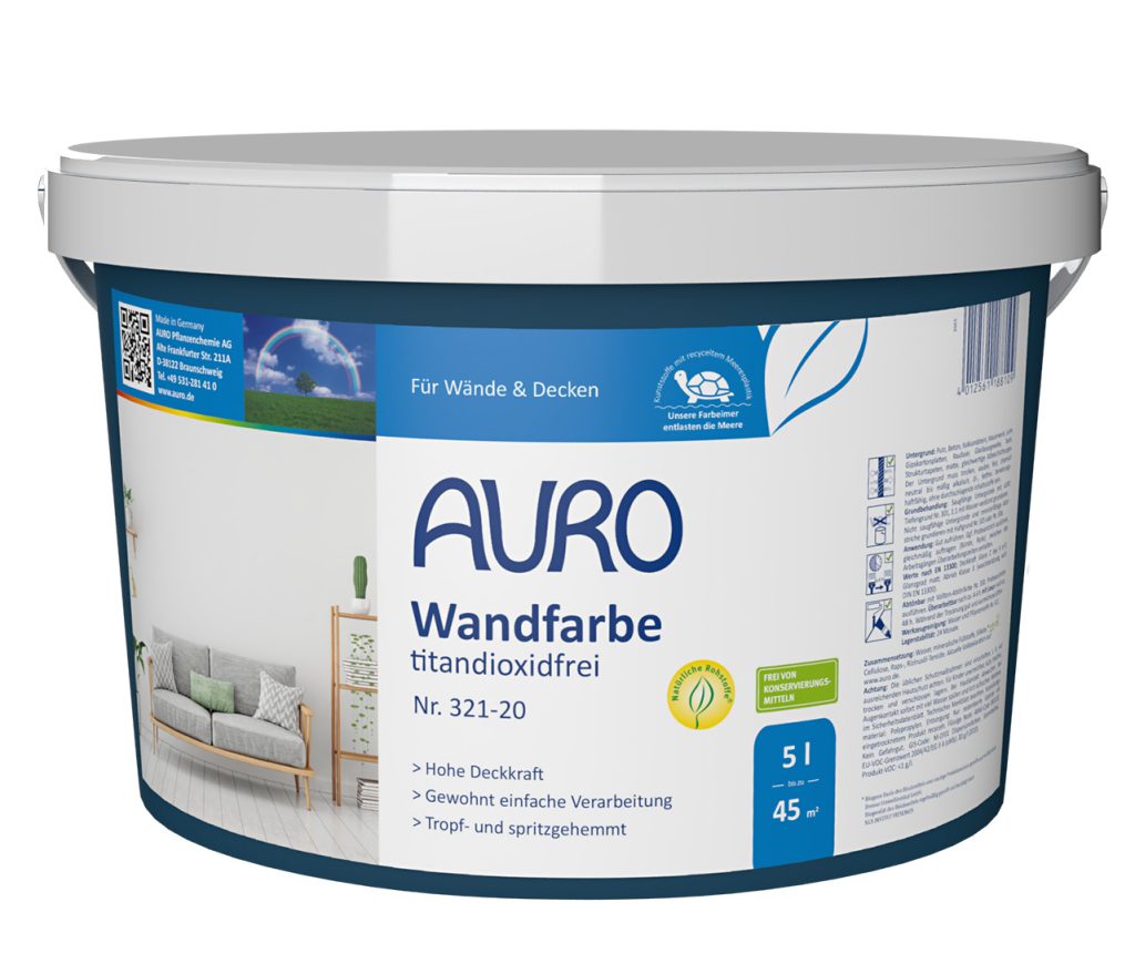AURO Duvar Boyası titanyum dioksit içermez No. 321-20, 5 litre ambalajda, etiketli ve biyojenik REPLEBIN® uyarılı