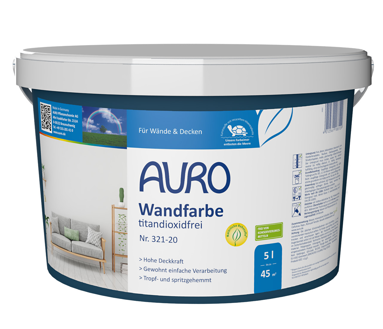 AURO Duvar Boyası titanyum dioksit içermez No. 321-20, 5 litre ambalajda, etiketli ve biyojenik REPLEBIN® uyarılı