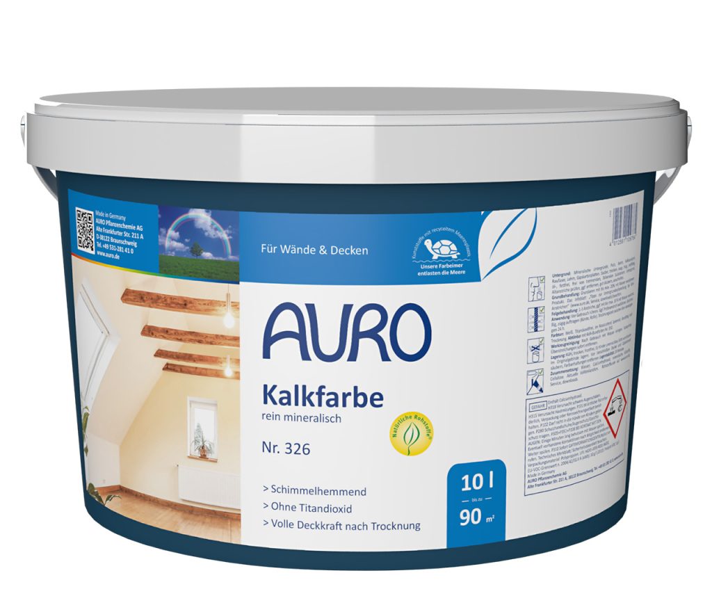 AURO Kireç Boyası No. 326, 10 litrelik ambalaj – kova üzerinde vegan mührü ve etiketi olan beyaz kireç boyası