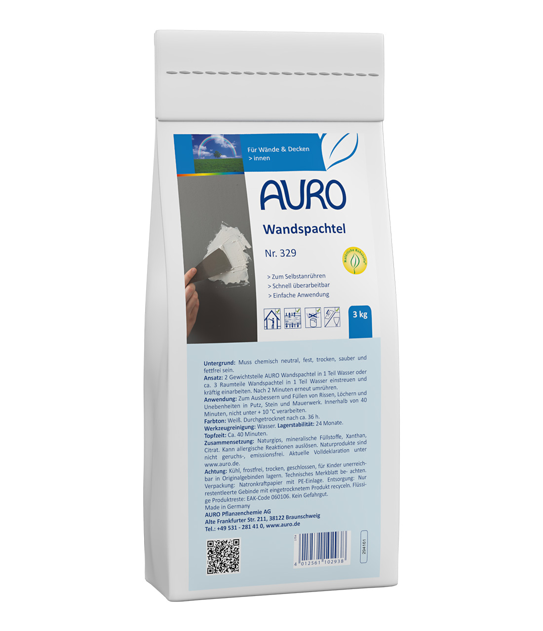 AURO Duvar Macunu No. 329, 3 kg torba - büyük ambalajda ekolojik duvar macunu