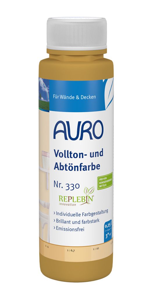 AURO Tam Ton ve Ton Verme Boyası No. 330 Aşı Boyası Sarısı, 0,25 litre ambalaj, etiket ve mühür görünür