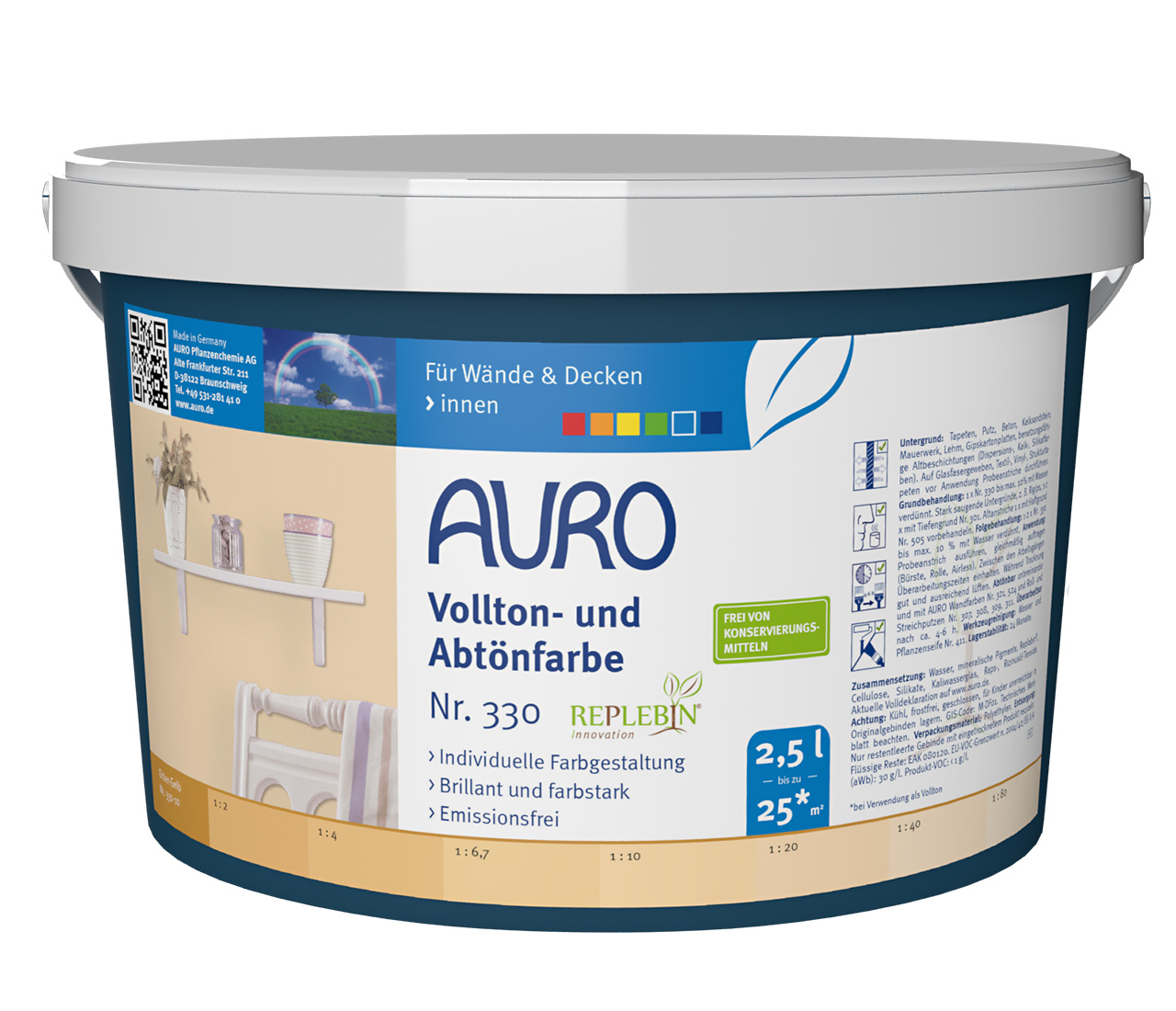 AURO No. 330 2,5 litrelik ambalaj, oker sarısı renkte, görünür REPLEBIN® mührü, doğal içerikler