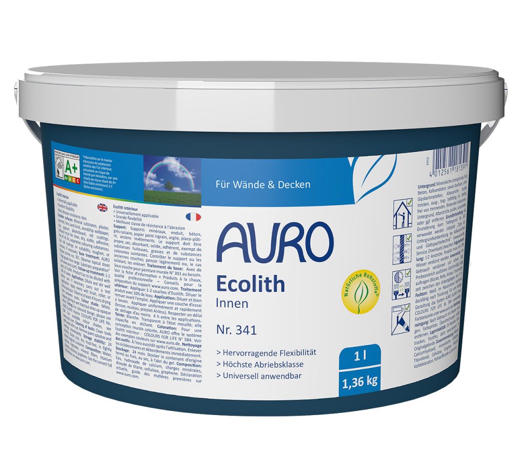 1 litrelik ambalaj AURO Ecolith İç Mekan No. 341, beyaz etiketli ve AURO logolu mineral duvar boyası