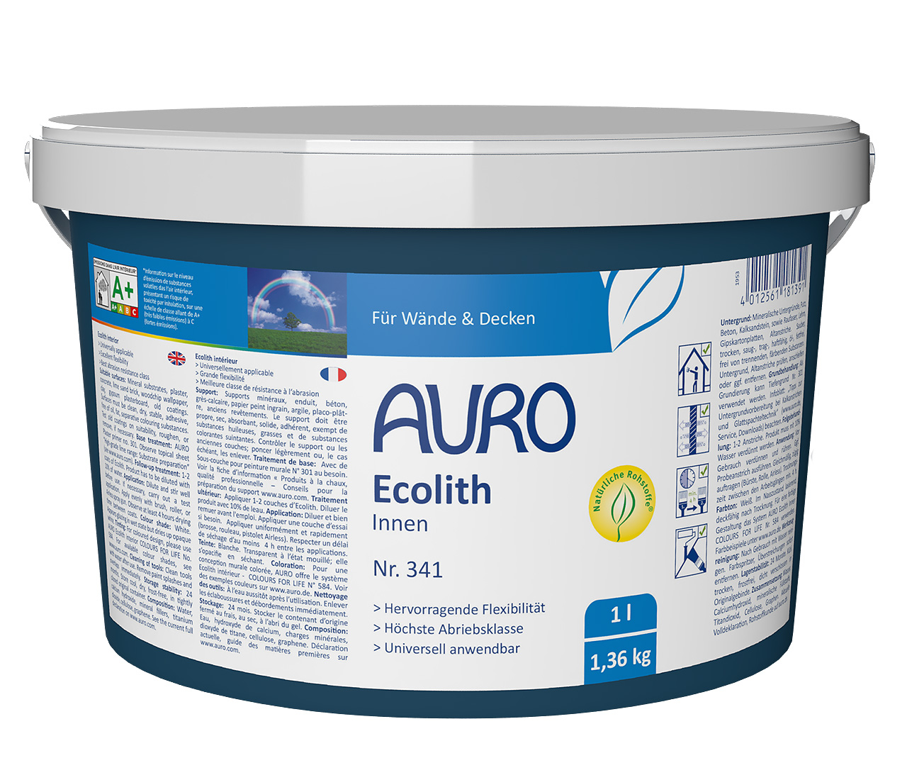 1 litrelik ambalaj AURO Ecolith İç Mekan No. 341, beyaz etiketli ve AURO logolu mineral duvar boyası