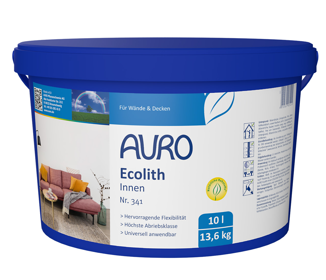 10 litrelik ambalaj AURO Ecolith İç Mekan No. 341, görünür etiketli ve marka logolu mineral iç mekan boyası