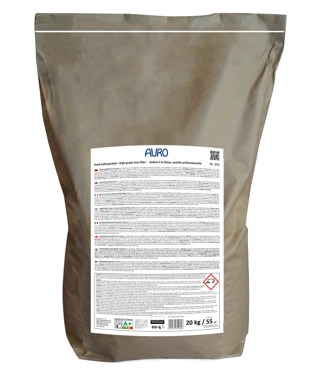 AURO Profi Kireç Macunu No. 342, 20 kg çuval; yazılı ve doğal ambalaj tasarımlı