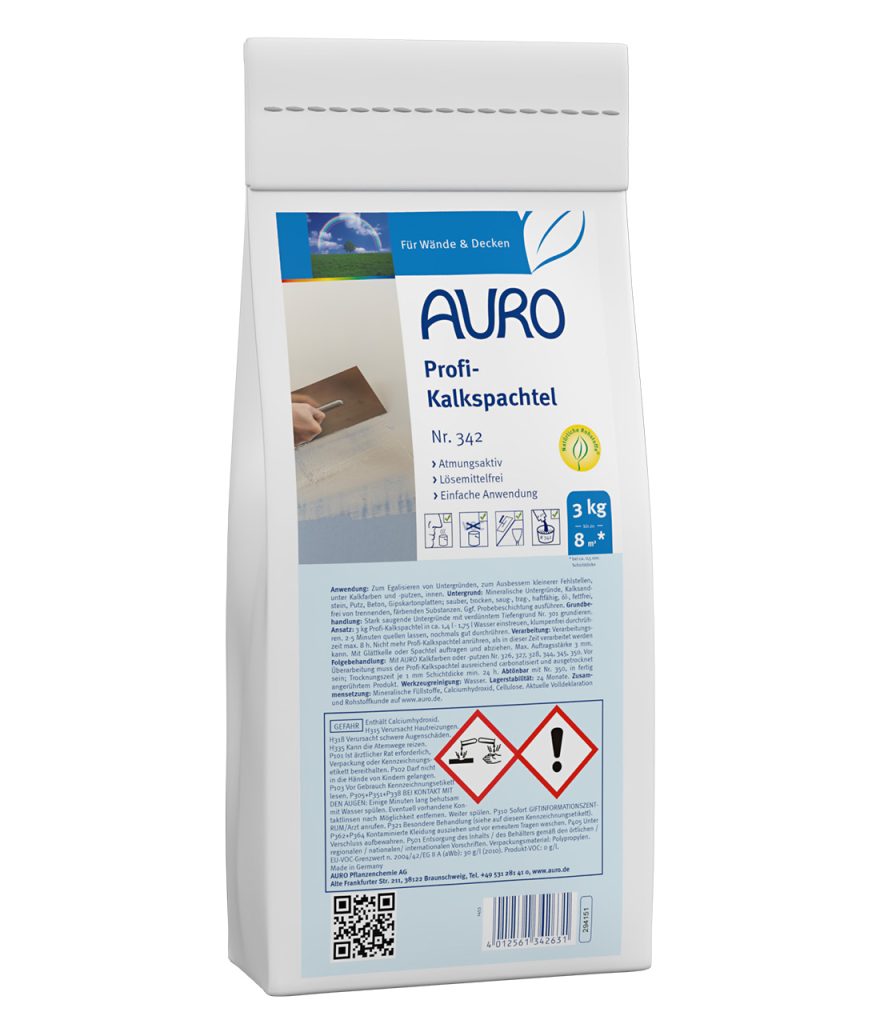 AURO Profi Kireç Macunu No. 342, 3 kg çuval; ambalaj üzerinde etiket ve uygulama detayları