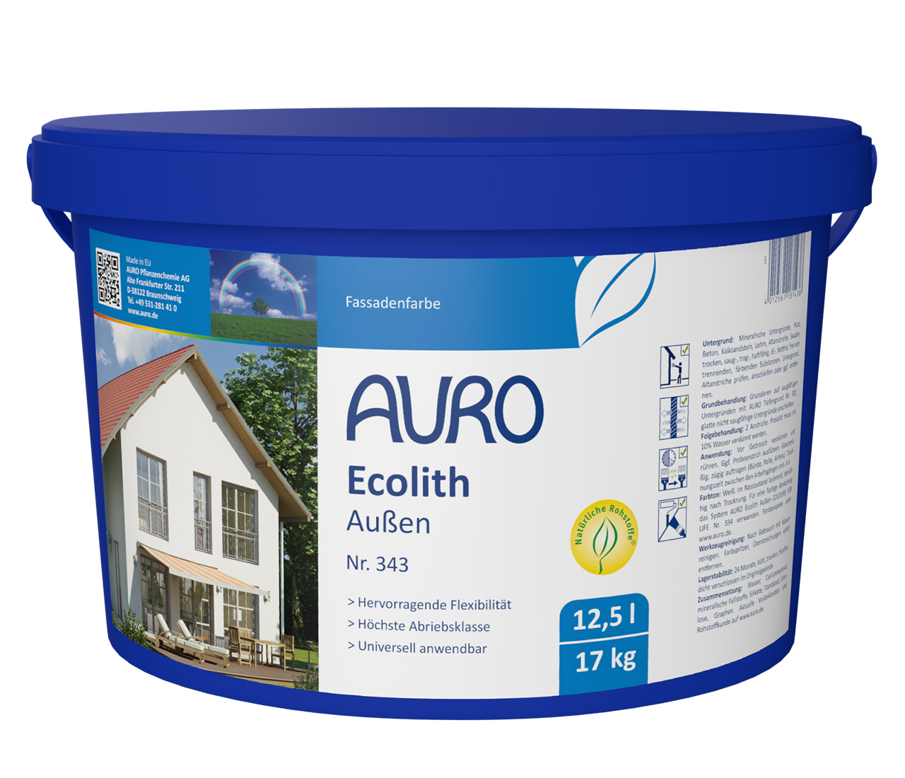 AURO Ecolith Dış No. 343, 12,5 litrelik ambalaj, açık renkli zeminde etiketli ve sürdürülebilirlik mühürlü