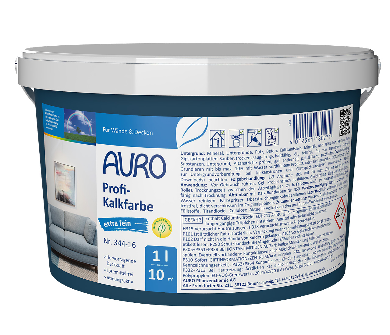 AURO Profi Kireç Boyası, ekstra ince No. 344-16, 1 litrelik ambalaj, etiketli ince kireç boyası