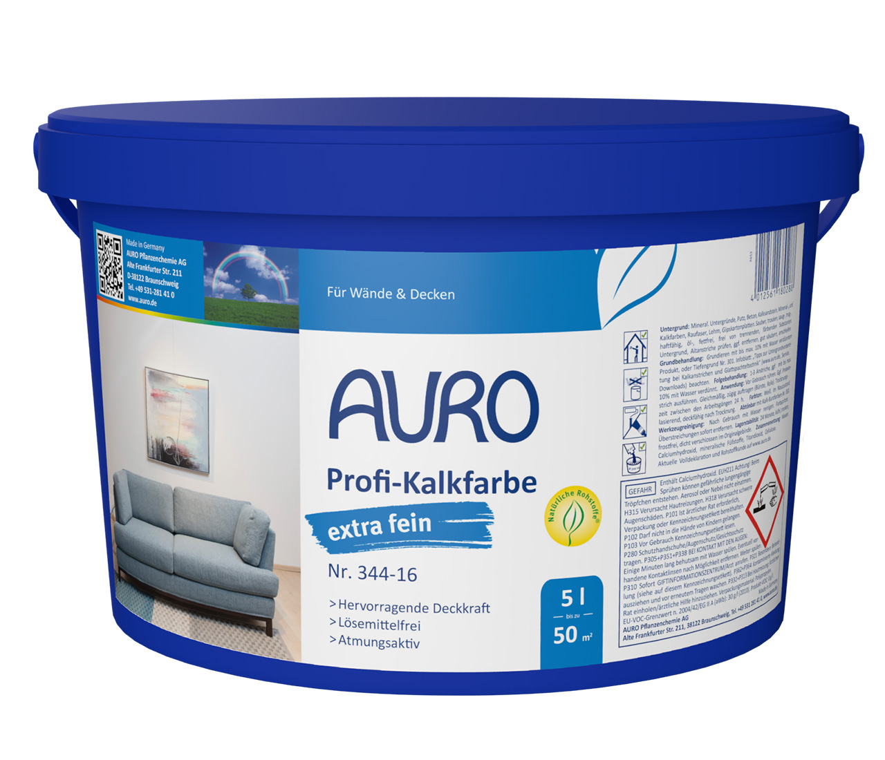 AURO Profi Kireç Boyası, ekstra ince No. 344-16, 5 litrelik ambalaj, ince yüzeyli beyaz duvar boyası