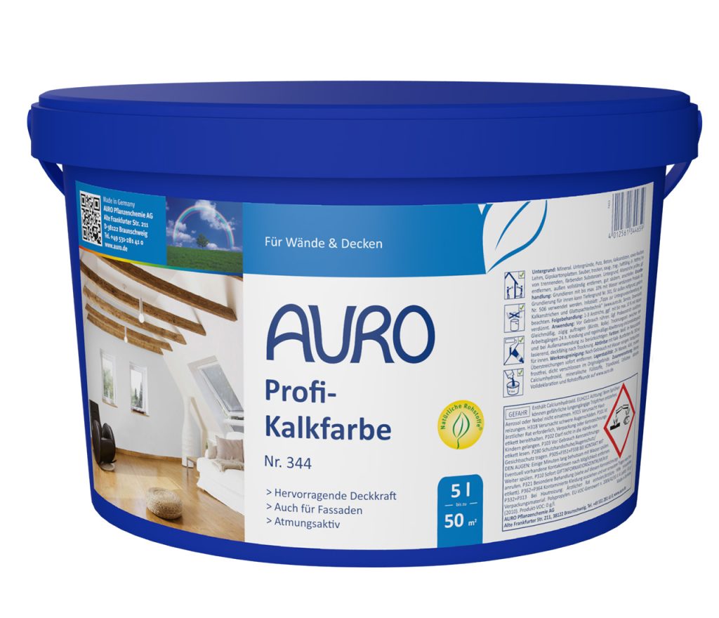 AURO Profi Kireç Boyası No. 344, iç mekan için bataklık kireci etiketli 5 litrelik ambalaj, beyaz