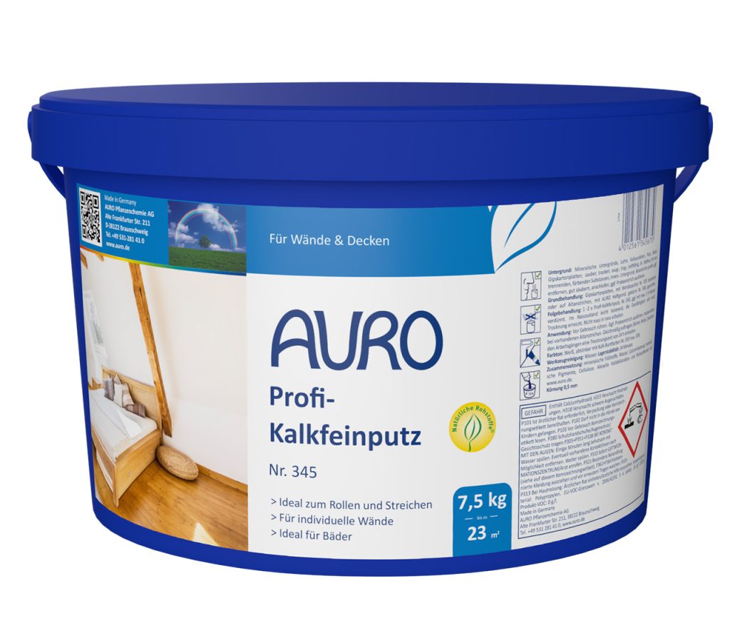 AURO Profi İnce Kireç Sıvası No. 345, 7,5 kg ambalaj – görünür kalite mührü ile doğal beyaz ince sıva