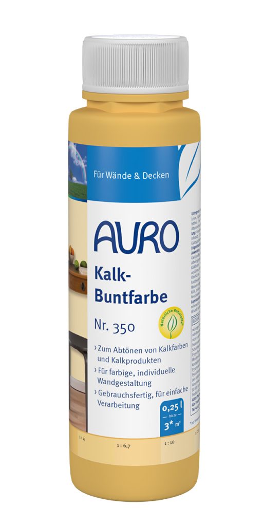 AURO Kireç Renkli Boya No. 350, 0,25 litrelik ambalaj, beyaz etiket, renkli tonlama için ideal