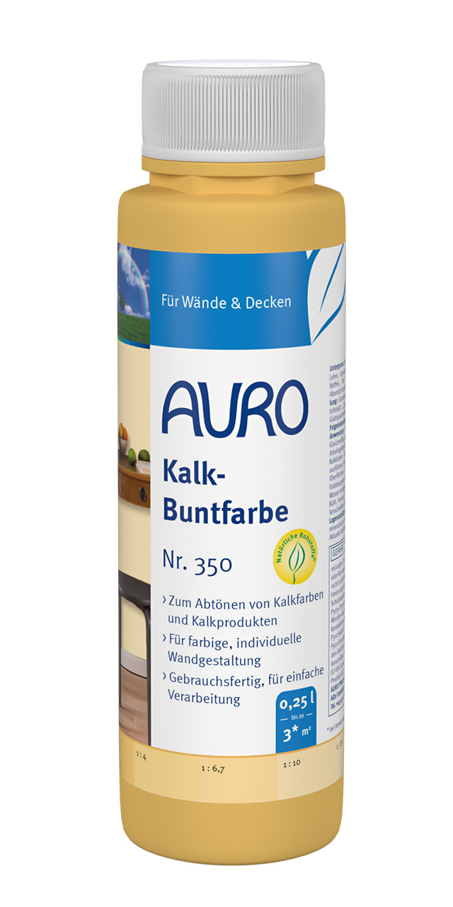 AURO Kireç Renkli Boya No. 350, 0,25 litrelik ambalaj, beyaz etiket, renkli tonlama için ideal