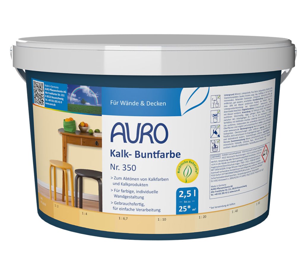 AURO Kireç Renkli Boya No. 350, 2,5 litrelik ambalaj, beyaz etiket, geniş renkli kireç yüzeyler için