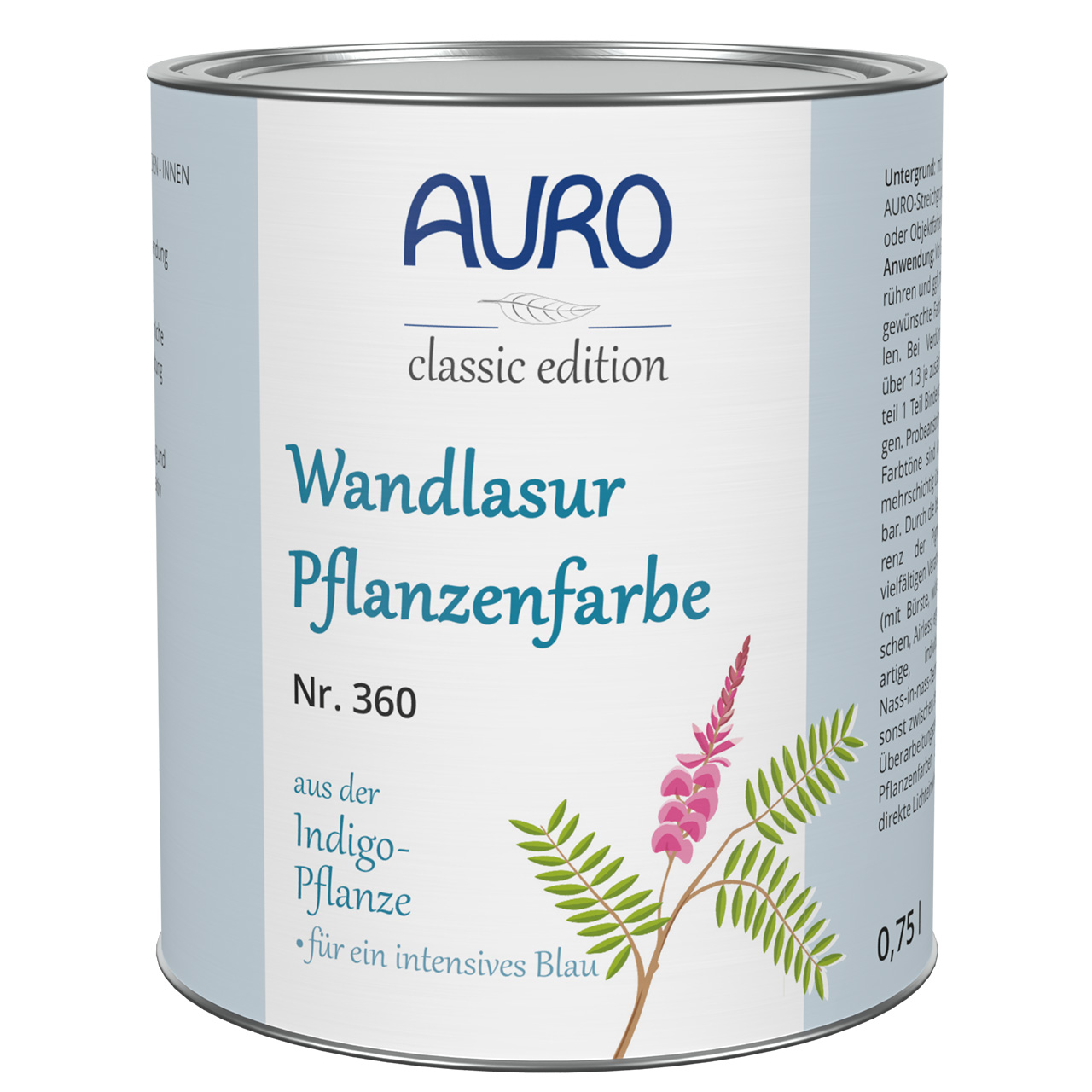 0,75 litre kutu AURO Duvar Lazuru-Bitki Boyası No. 360, Indigo-Mavi renkte, görünür baskılı