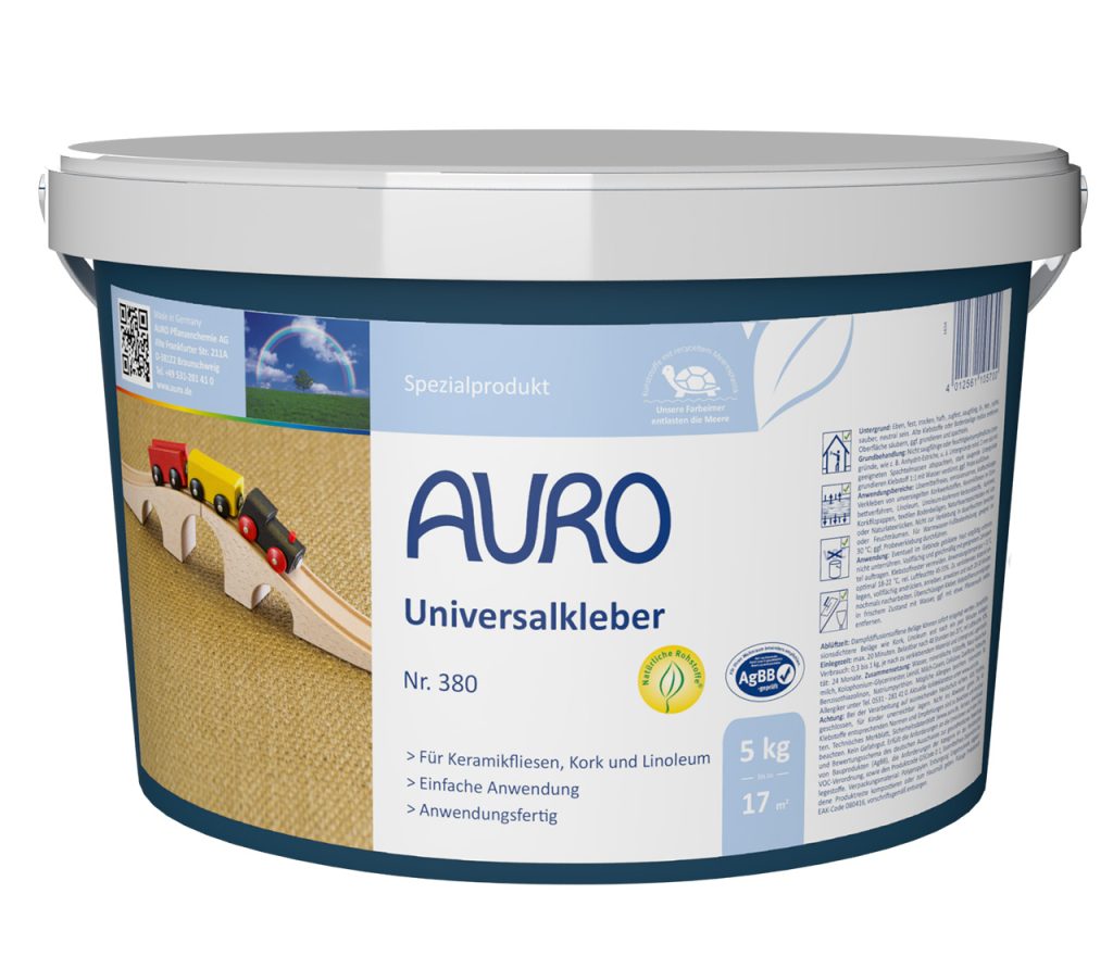 5 litrelik AURO Üniversal Yapıştırıcı No. 380 ambalajı, beyaz etiketli ve net görünen ürün bilgileriyle