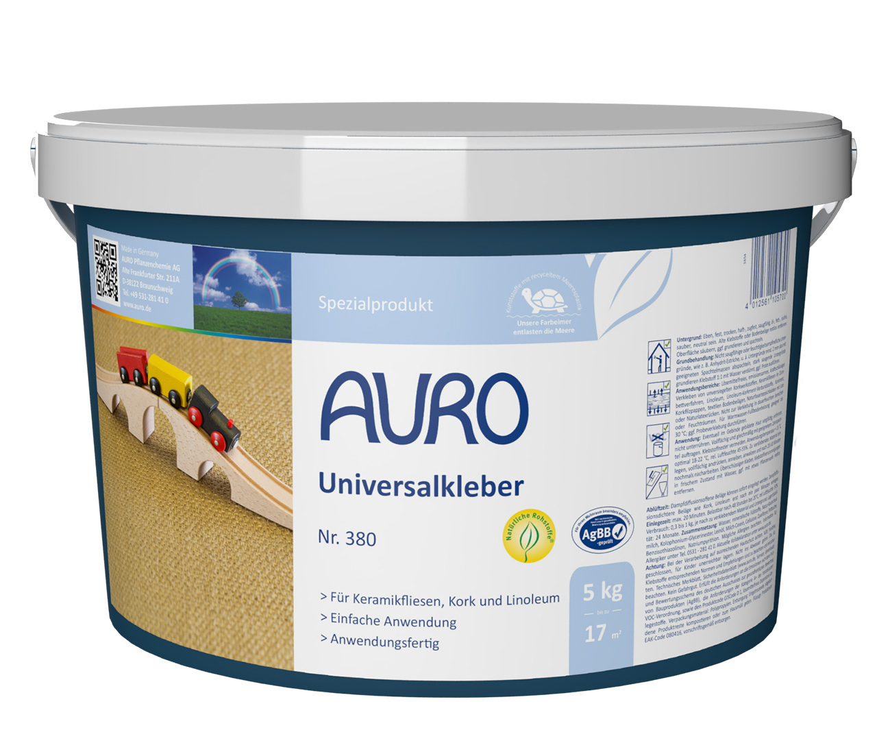 5 litrelik AURO Üniversal Yapıştırıcı No. 380 ambalajı, beyaz etiketli ve net görünen ürün bilgileriyle