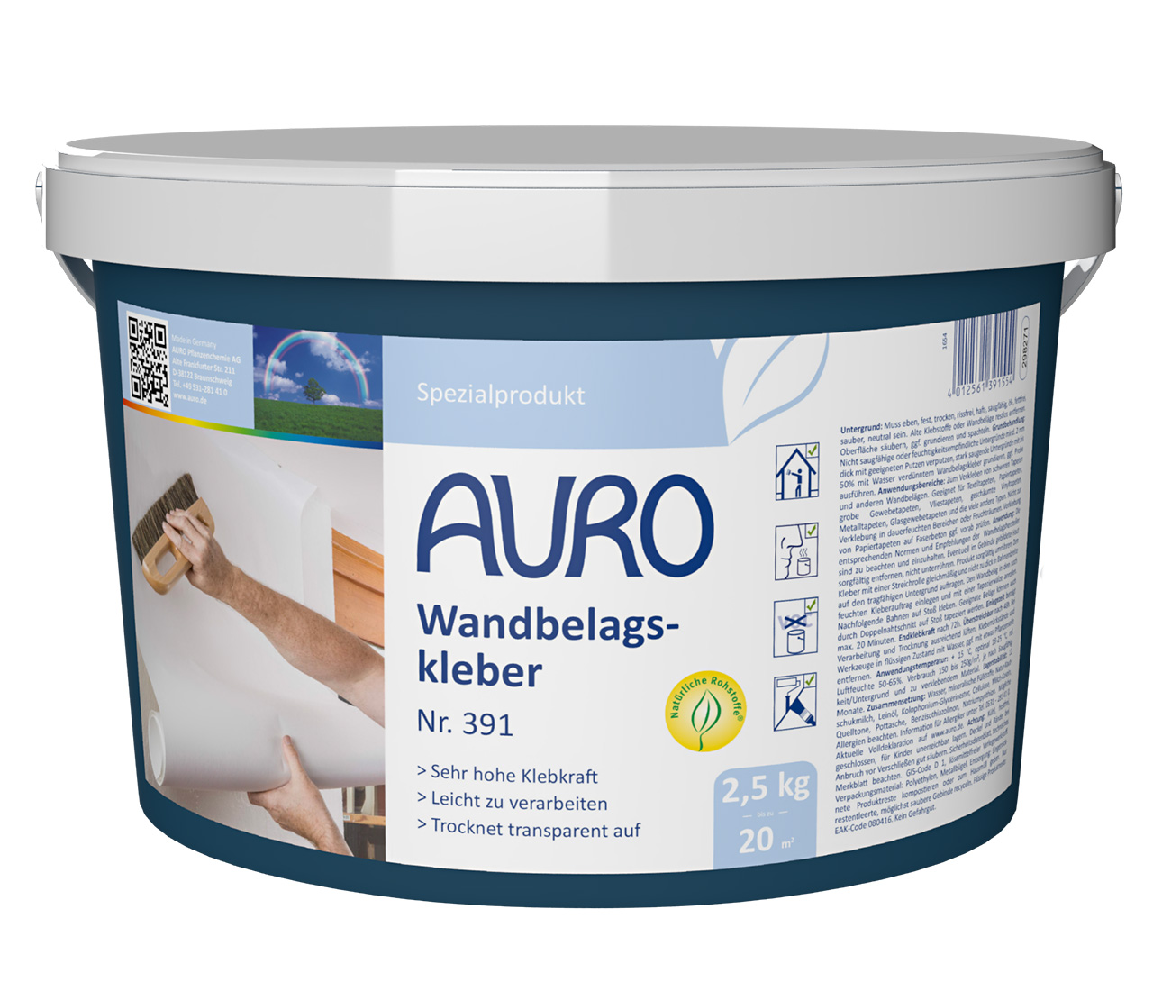 AURO Duvar Kaplaması Tutkalı No. 391, 2,5 kg ambalaj, beyaz etiketli – duvar kaplamaları için doğal yapıştırıcı