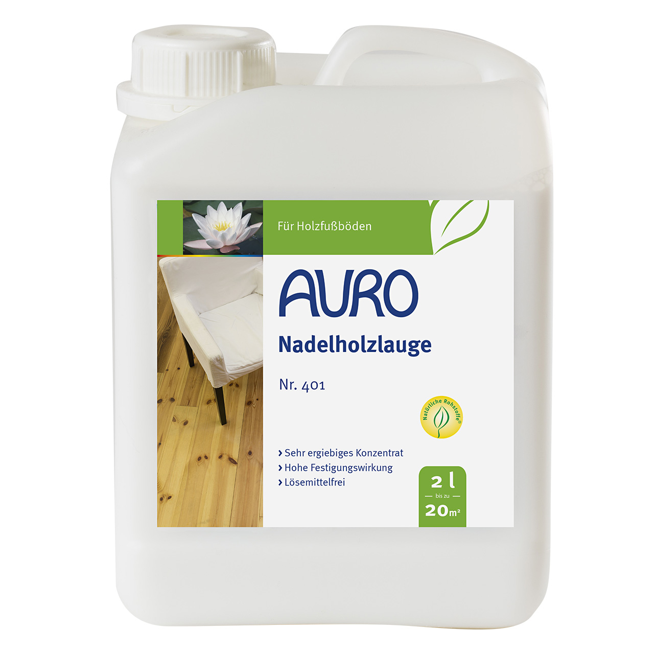 AURO İğne Yapraklı Ağaç Kül Suyu No. 401, 2 litrelik bidon, beyaz etiketli, açık renkli ahşap zeminler için