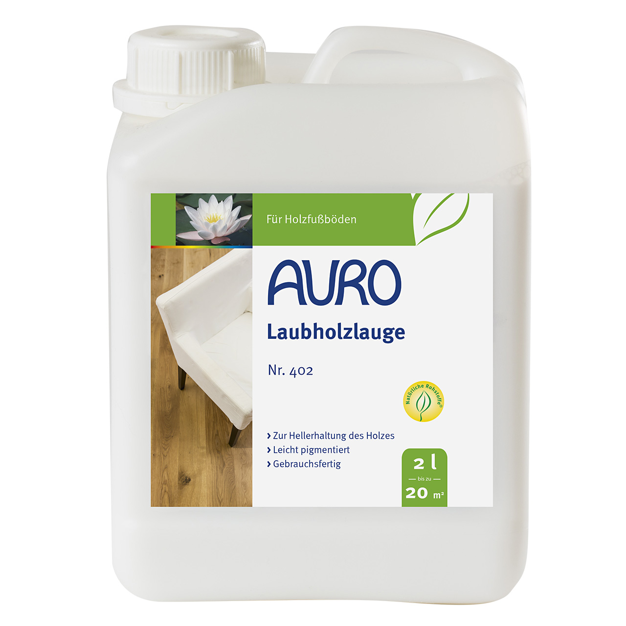 AURO Yapraklı Ağaç Kül Suyu No. 402, 2 litrelik bidonda, beyaz etiketli, iç mekanda yapraklı ağaç ön işlemi için