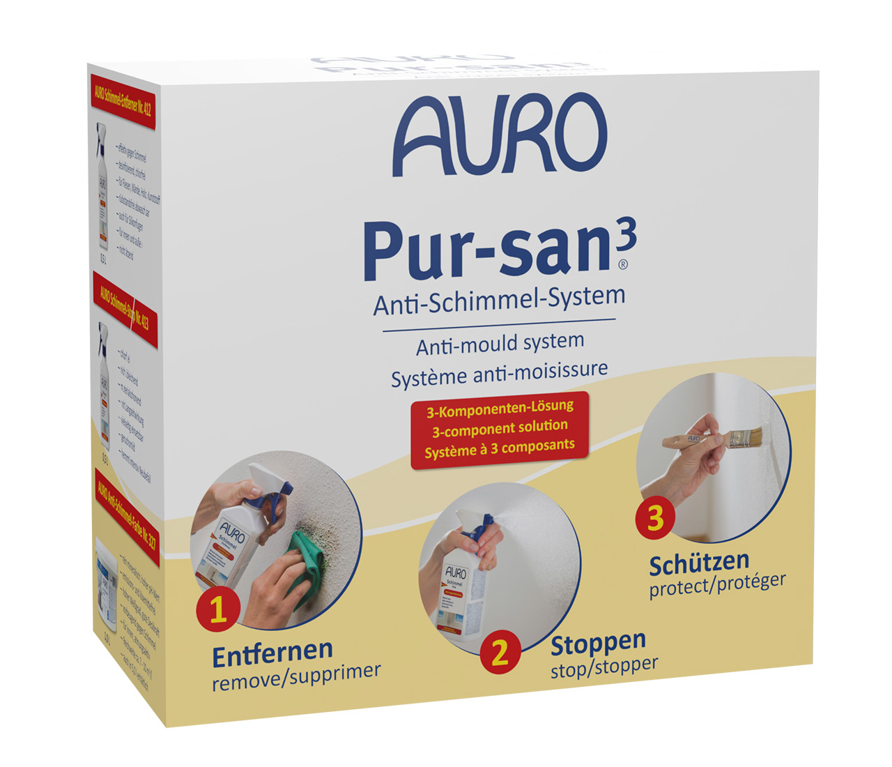 AURO Pur-san3 No. 414 Set, 0,5 litrelik iki sprey şişe ve bir 1 litrelik ambalaj ile; beyaz etiket net görünür