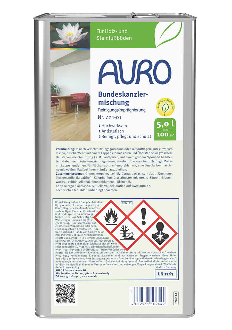 AURO Bundeskanzlermischung Temizleme Emprenyesi No. 421-01, beyaz etiketli 5 litrelik bidonda