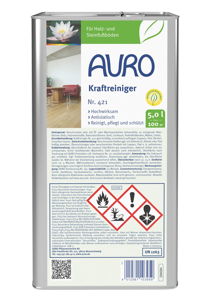 AURO Güçlü Temizleyici No. 421, 5 litrelik bidonda, beyaz etiketli – çok kirli zeminler için güçlü temizleyici.