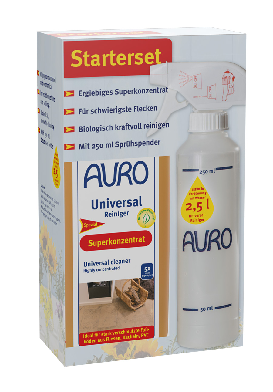 AURO Üniversal Temizleyici No. 471-01 ve beyaz etiketli sprey şişe ile başlangıç seti