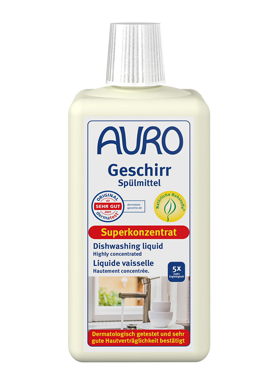 AURO Bulaşık Deterjanı No. 473, 0,5 litre şişede, beyaz etiketli ve görünen Dermatest® mühürlü