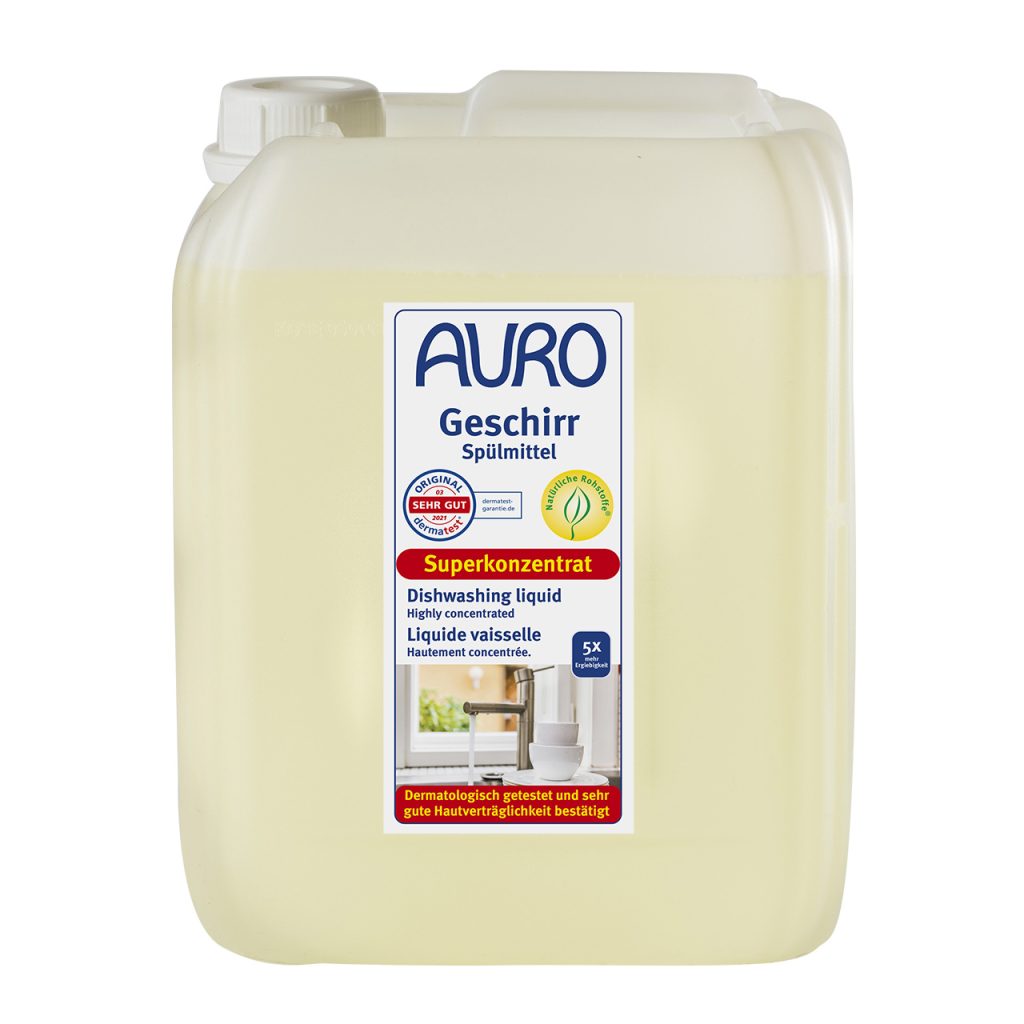 AURO Bulaşık Deterjanı No. 473, 5 litre bidonda, beyaz etiketli ve dozaj & cilt uyumluluğu için etiketli