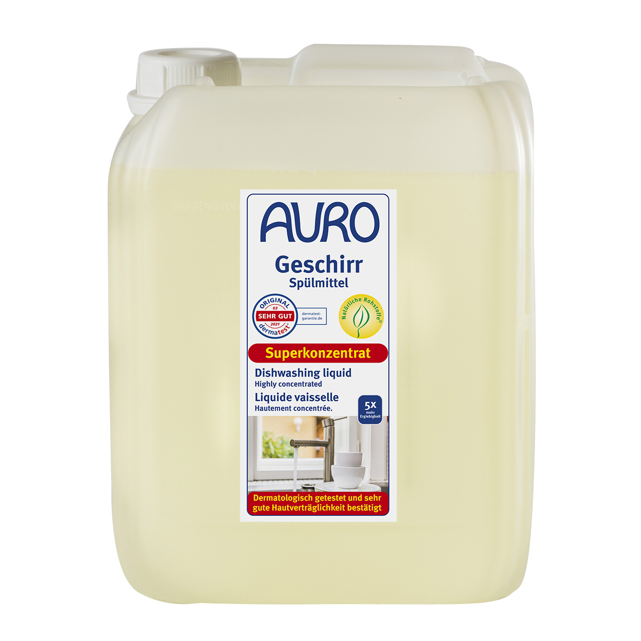 AURO Bulaşık Deterjanı No. 473, 5 litre bidonda, beyaz etiketli ve dozaj & cilt uyumluluğu için etiketli