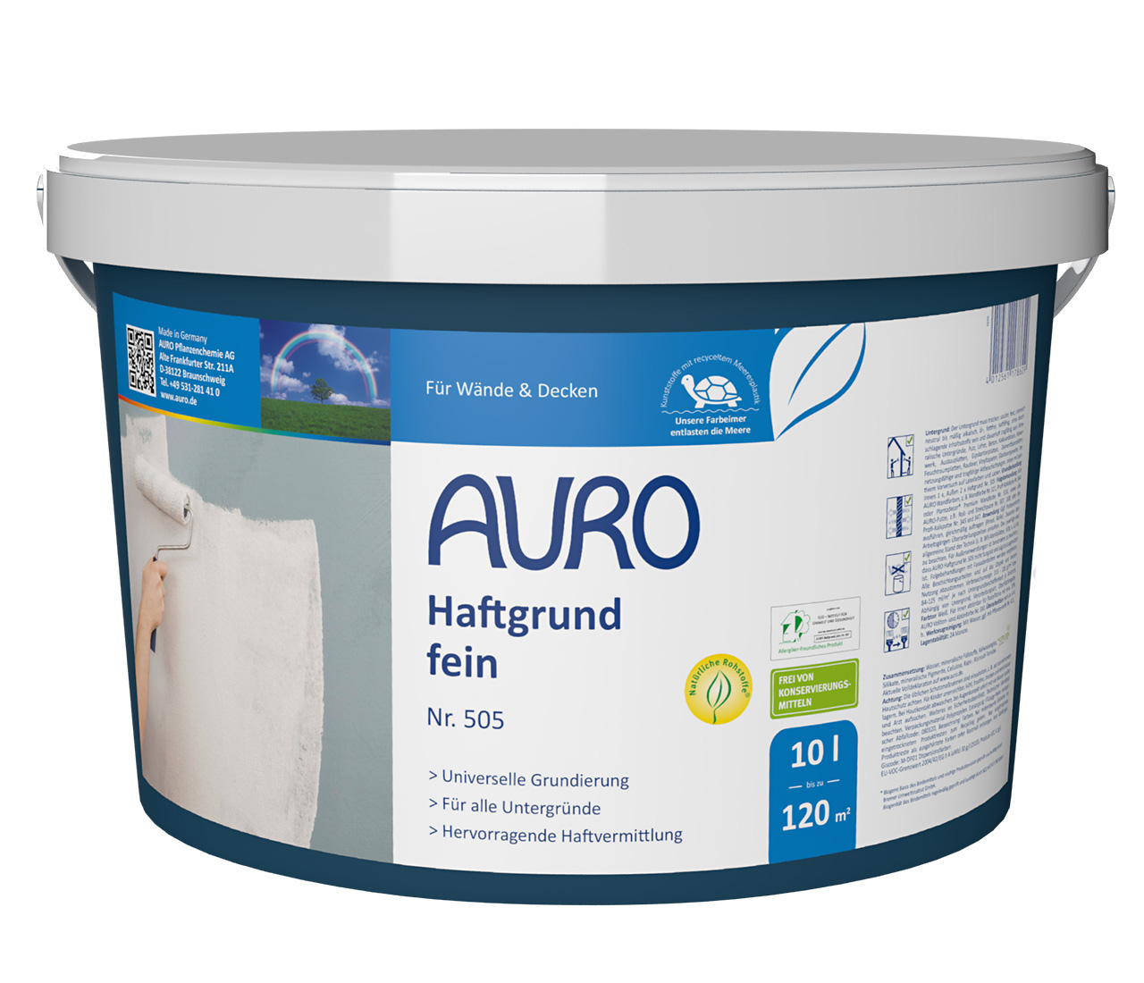 AURO Haftgrund, ince No. 505, beyaz etiketli 10 litrelik ambalajda, zorlu zeminler için ideal